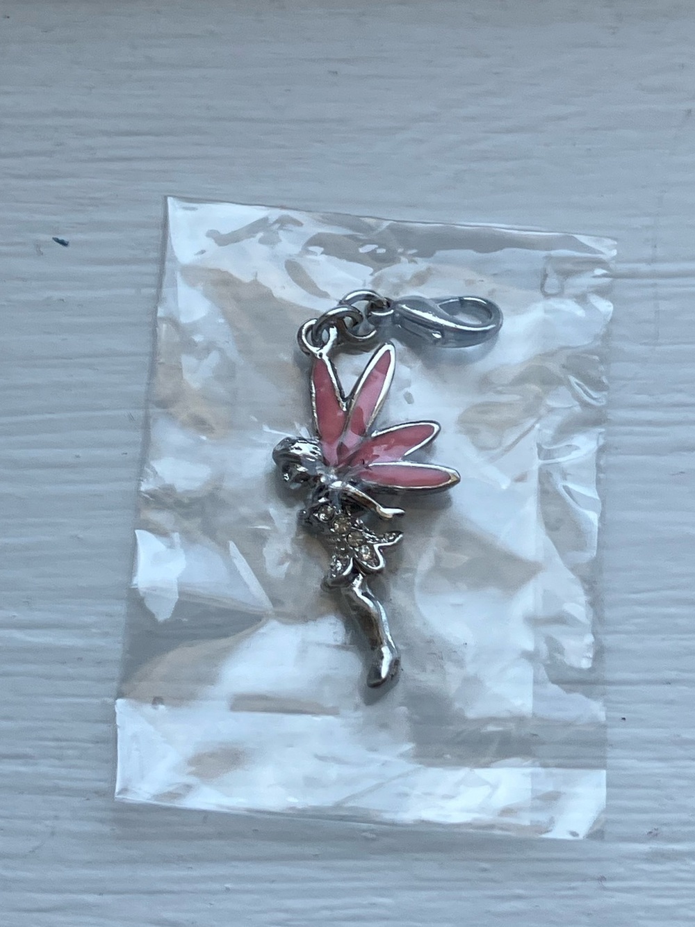 Silver Fairy Pendant Charm with Pink Enamel Wings